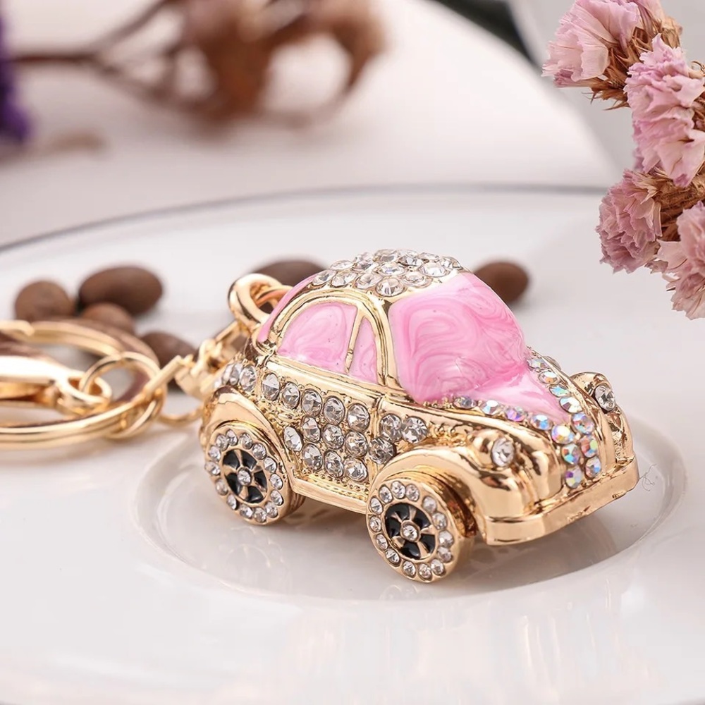 Retro Pink and Gold Crystal Coupe Car Keychain Charm